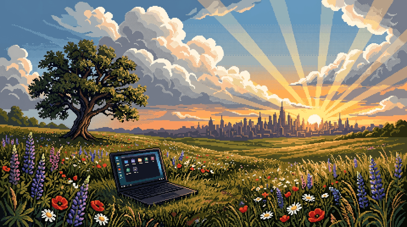 Prairie d’été en pixel art générée avec Cortex : un arbre isolé au-dessus de fleurs sauvages, un lac et une ville au loin sous un ciel nuageux