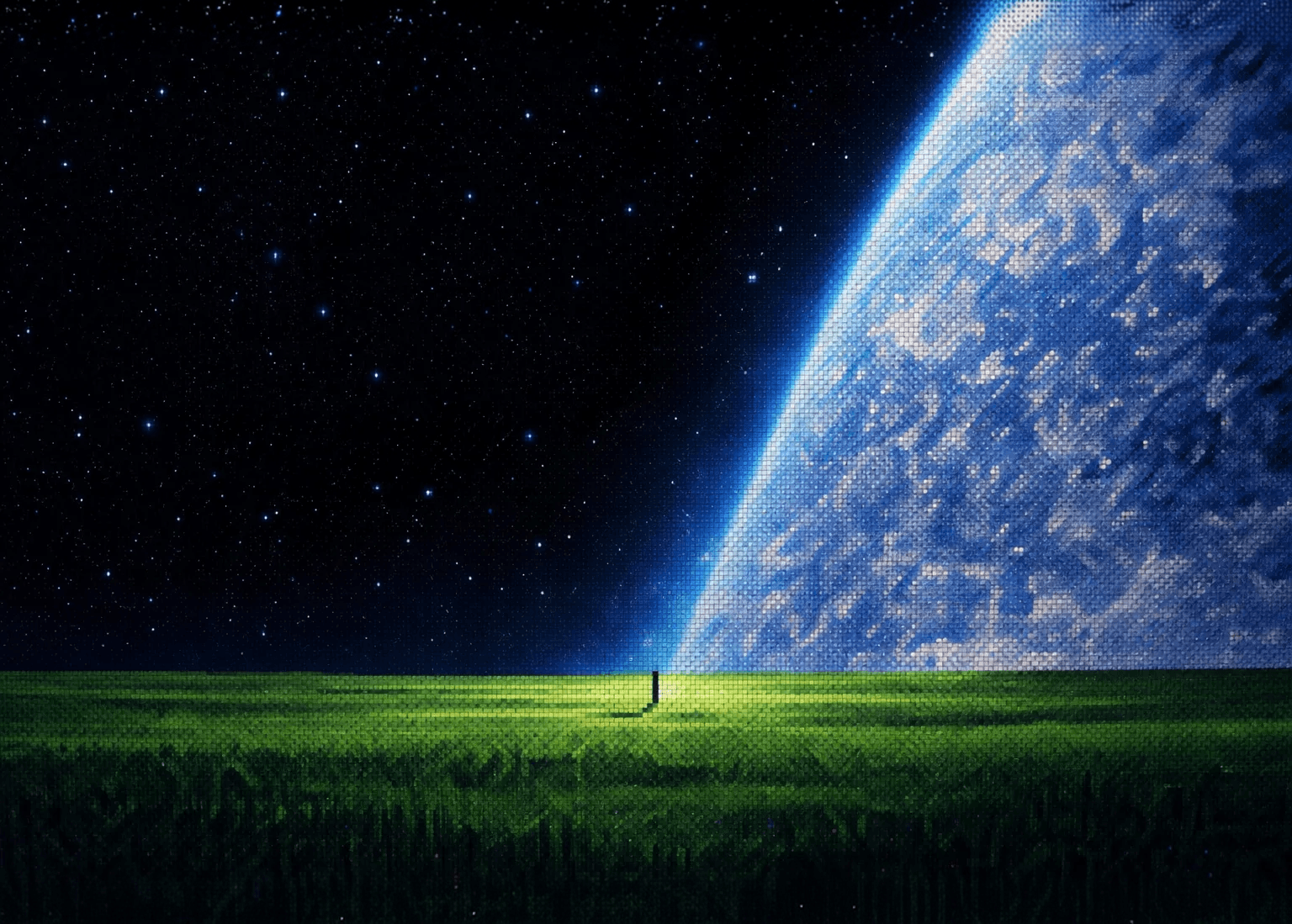 Un plateau herbeux sous un ciel nocturne, un arbre isolé au loin et une planète qui se lève à l’horizon.