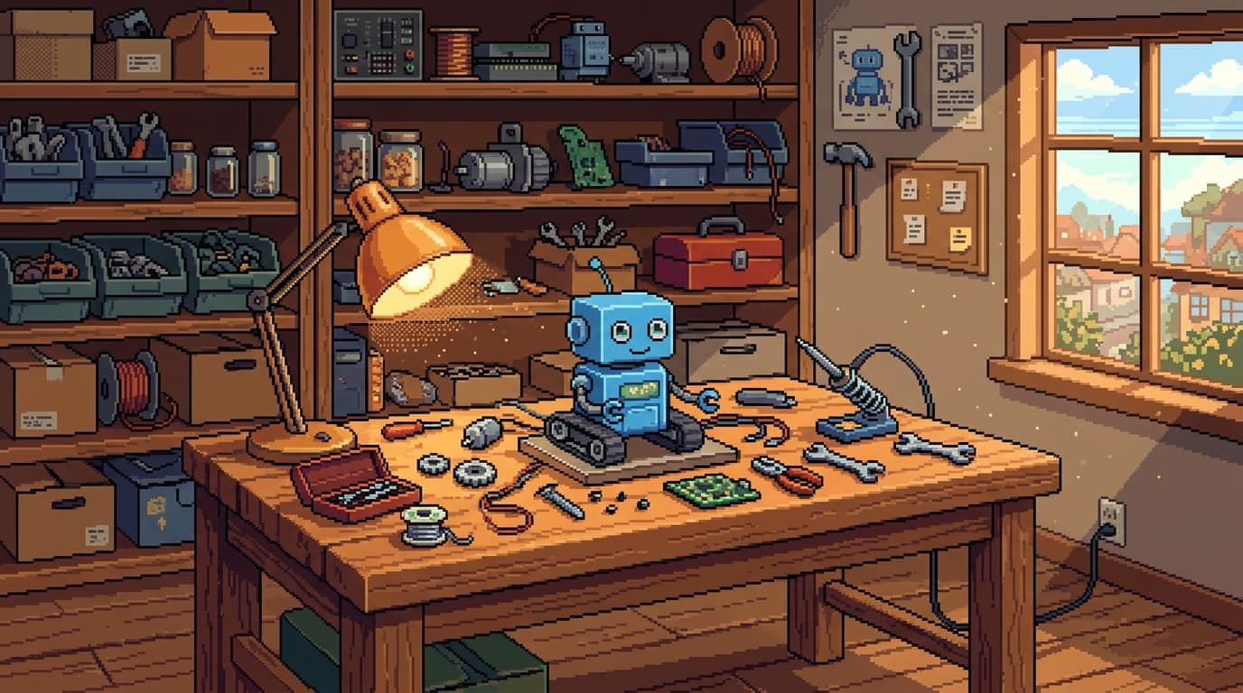 Atelier en pixel art où un petit robot bleu est en cours d’assemblage