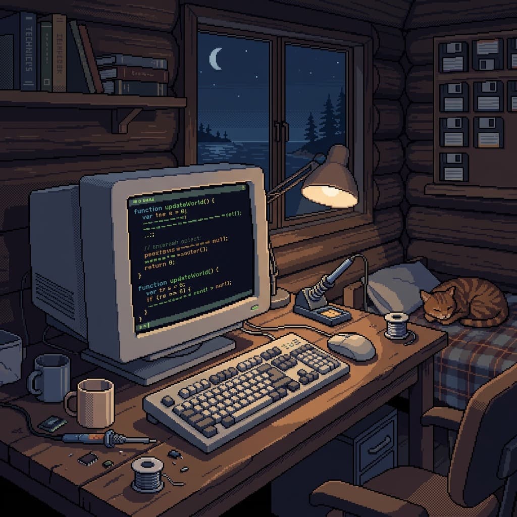 Bureau de chalet en pixel art, la nuit, avec un écran allumé, une lampe et une tasse