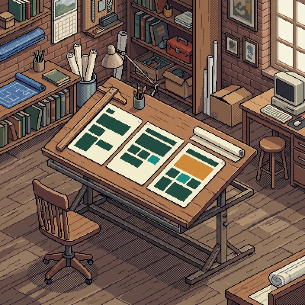 Table à dessin en pixel art couverte de croquis, sous une lampe chaude