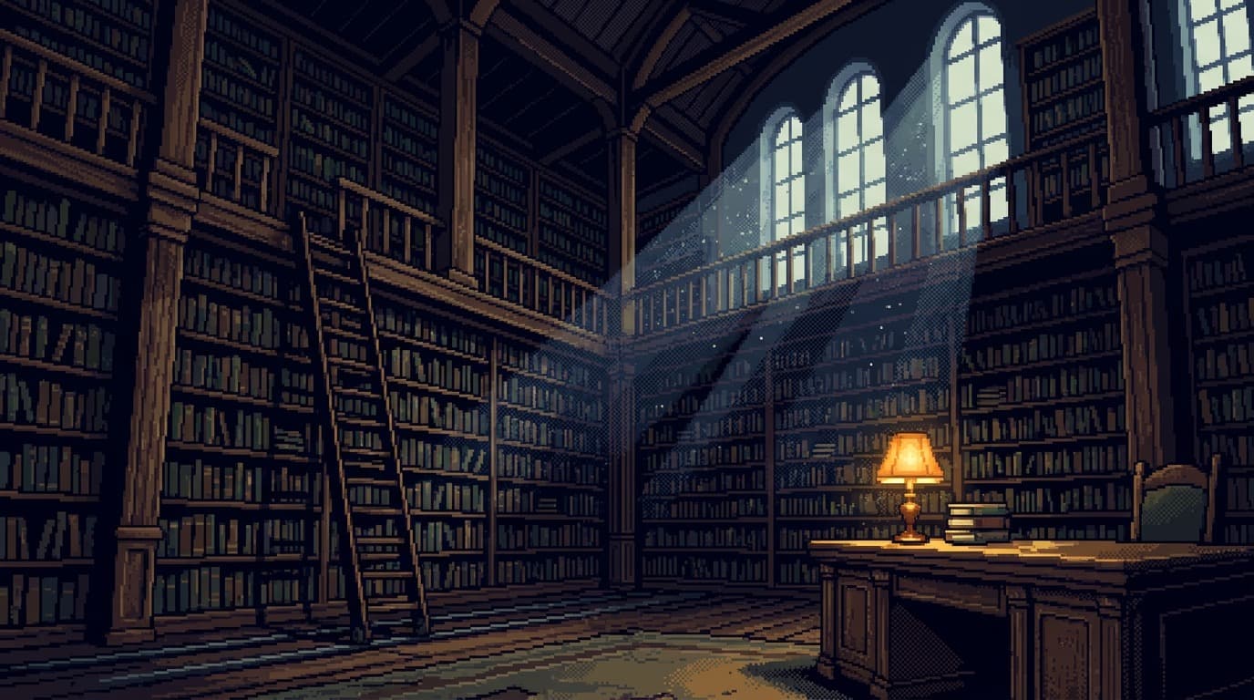 Bibliothèque en pixel art au crépuscule, hautes étagères et bureau sous des fenêtres en arc