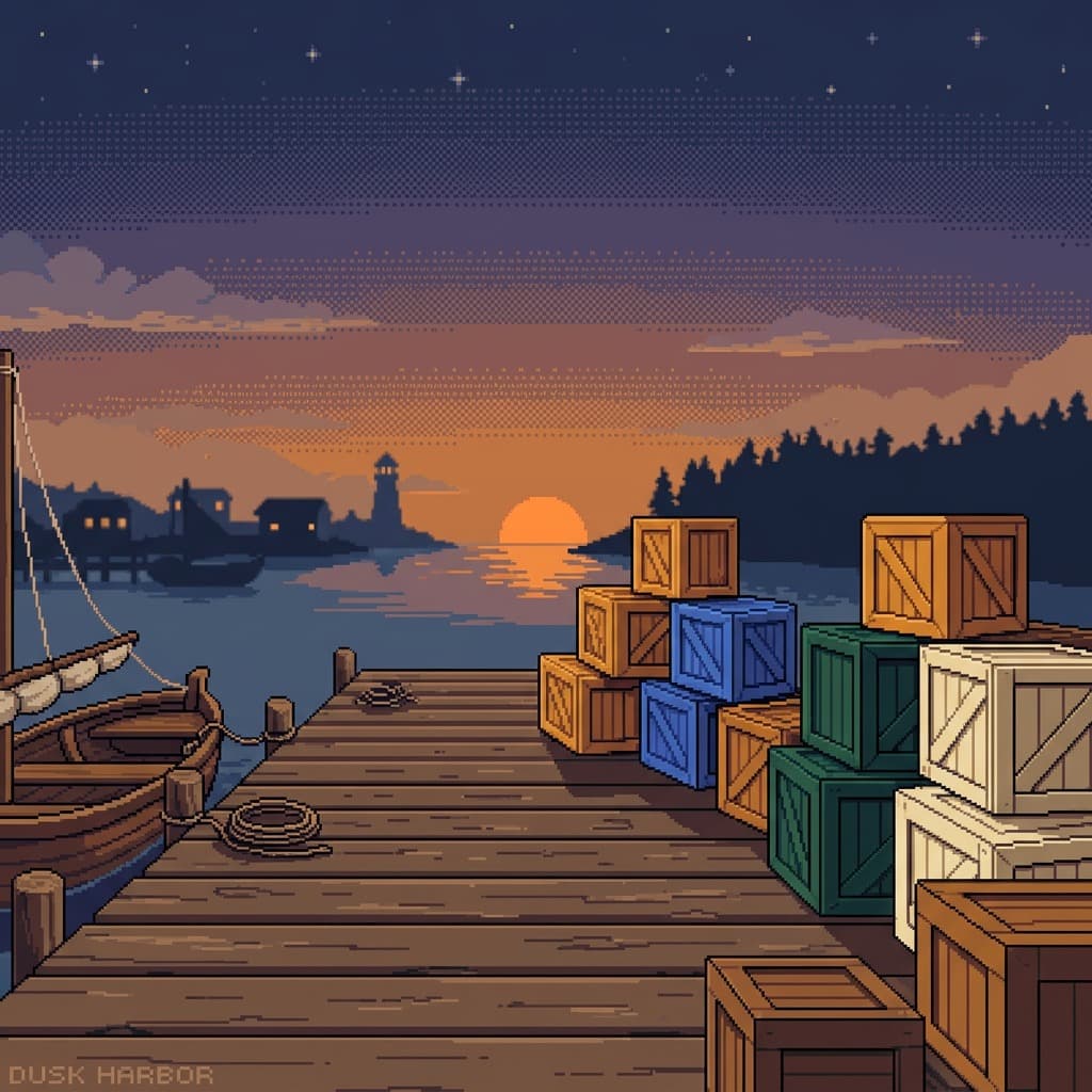 Marché portuaire en pixel art au coucher du soleil, caisses empilées sur le quai