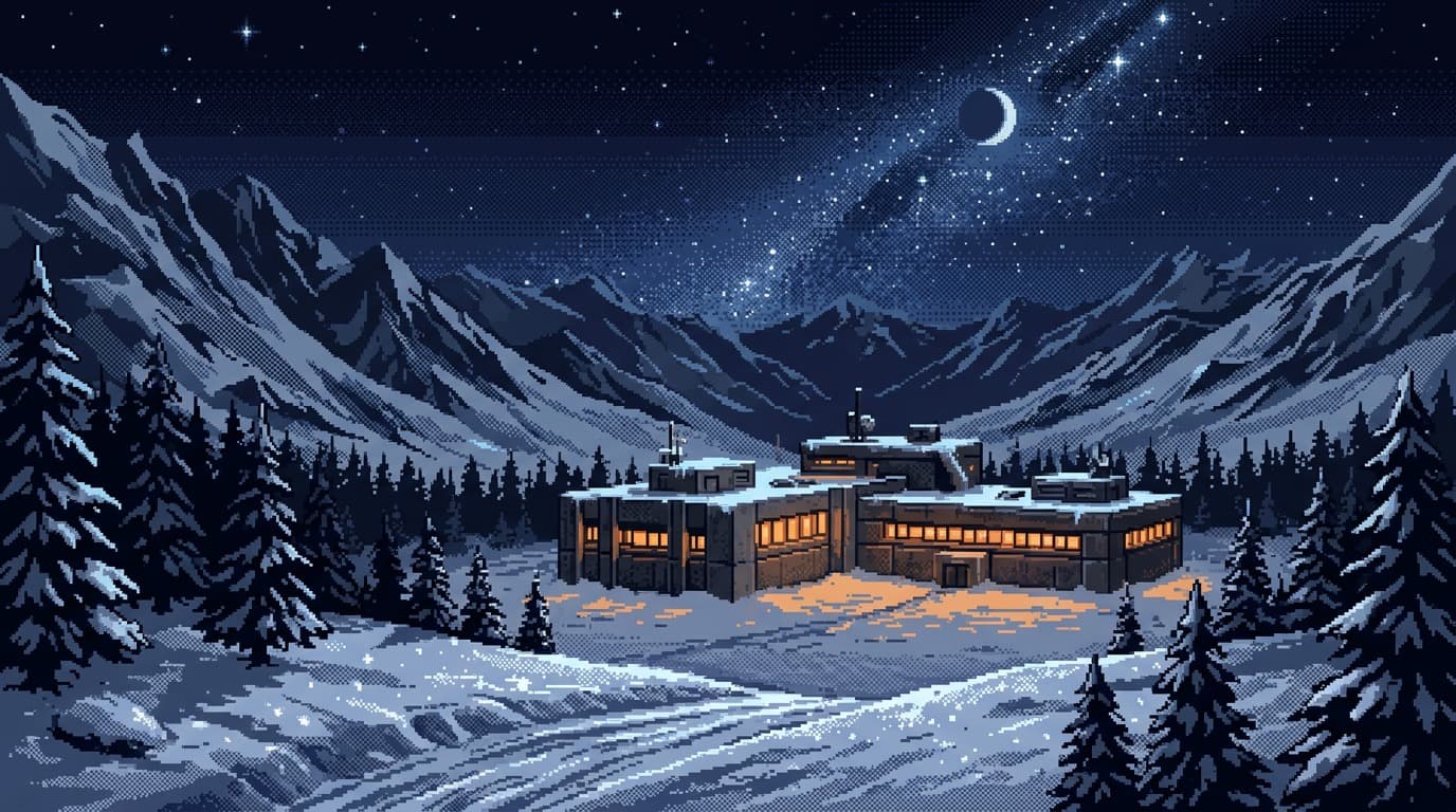 Campement de montagne en pixel art sous un ciel étoilé, chalets éclairés dans la neige
