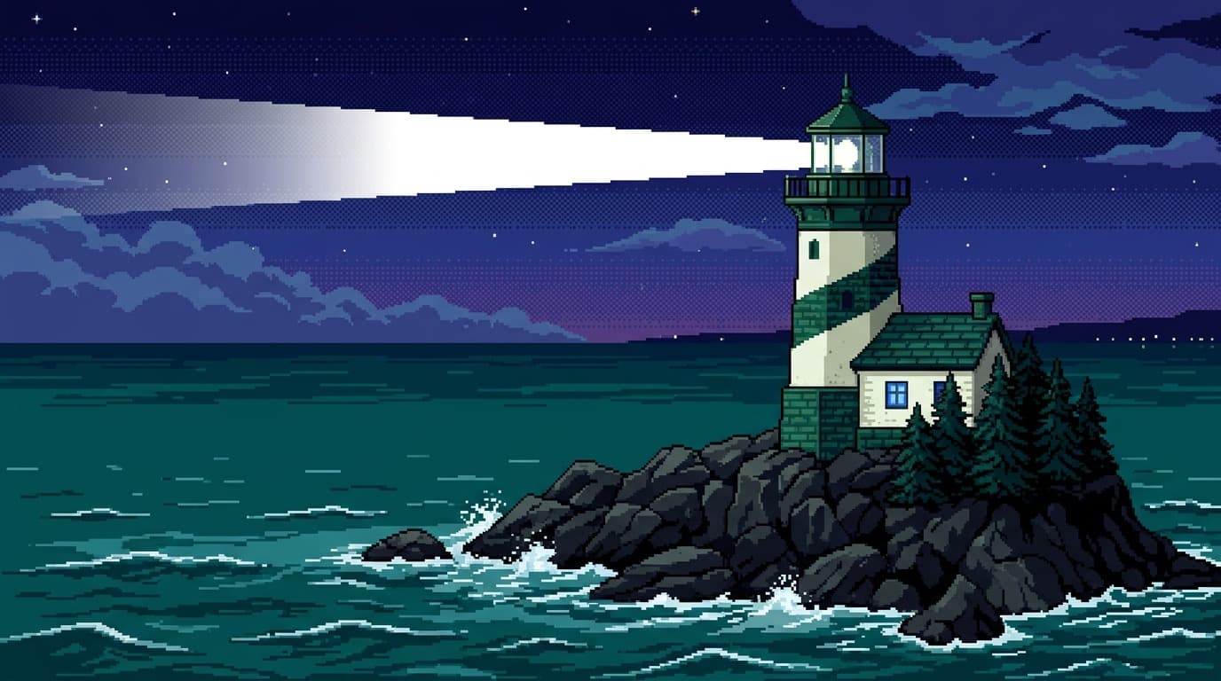 Phare en pixel art sur une côte rocheuse, son faisceau balayant la mer nocturne